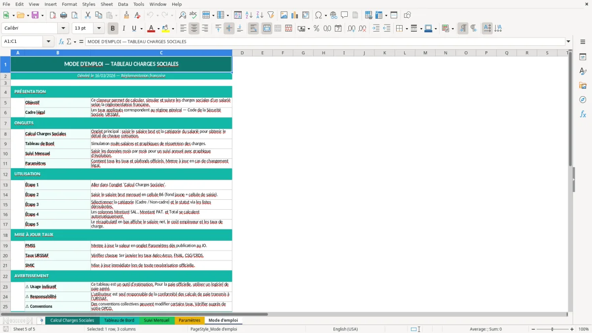 Capture d'écran 5 : Feuille Mode d'emploi - Modèle Excel tableau charges sociales excel