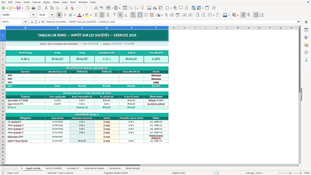 Capture d'écran 1 : Feuille Impôt Société - Modèle Excel tableau impôts société excel