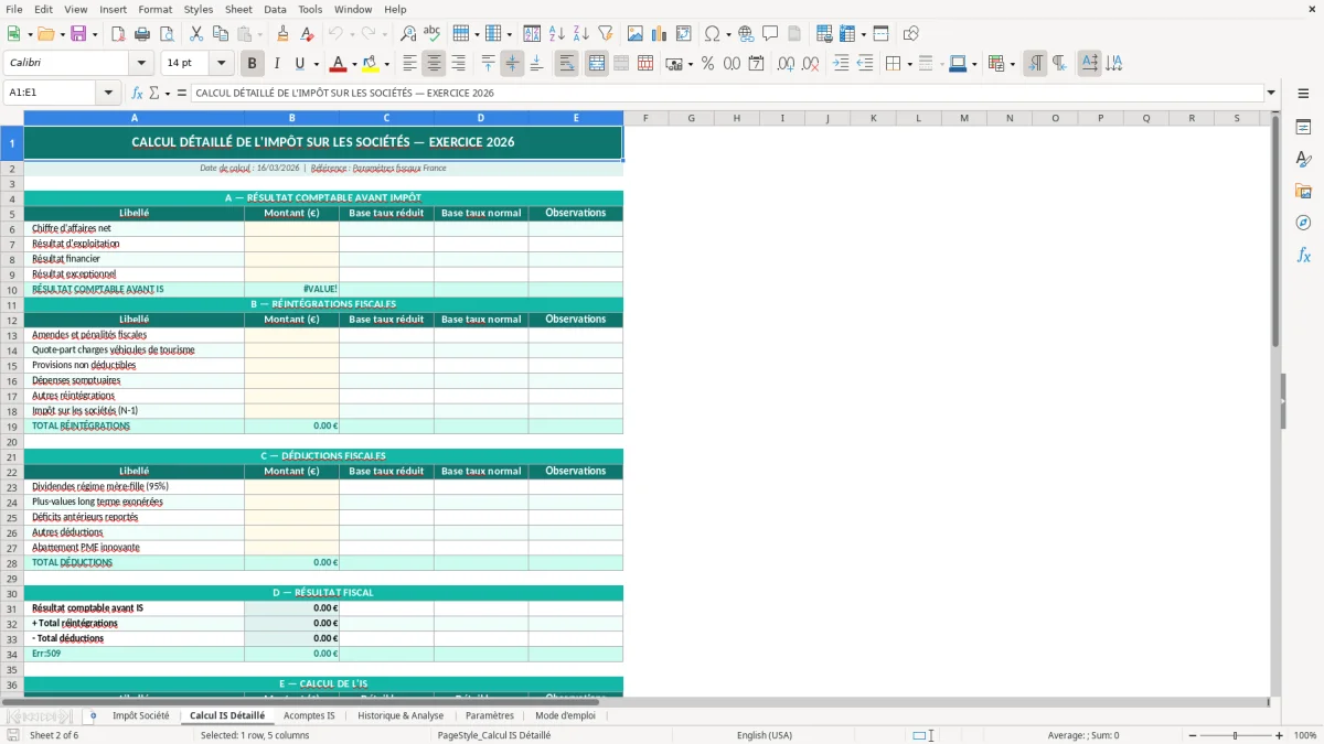 Capture d'écran 2 : Feuille Calcul IS Détaillé - Modèle Excel tableau impôts société excel