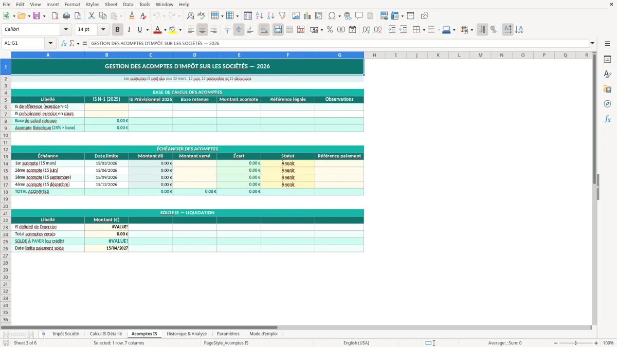 Capture d'écran 3 : Feuille Acomptes IS - Modèle Excel tableau impôts société excel
