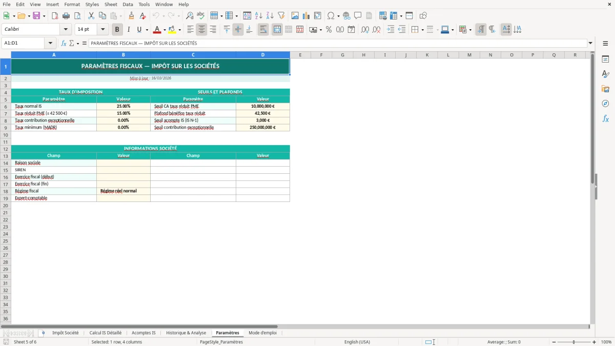 Capture d'écran 5 : Feuille Paramètres - Modèle Excel tableau impôts société excel