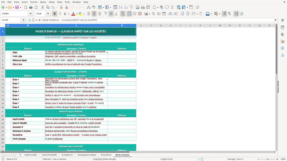 Capture d'écran 6 : Feuille Mode d'emploi - Modèle Excel tableau impôts société excel