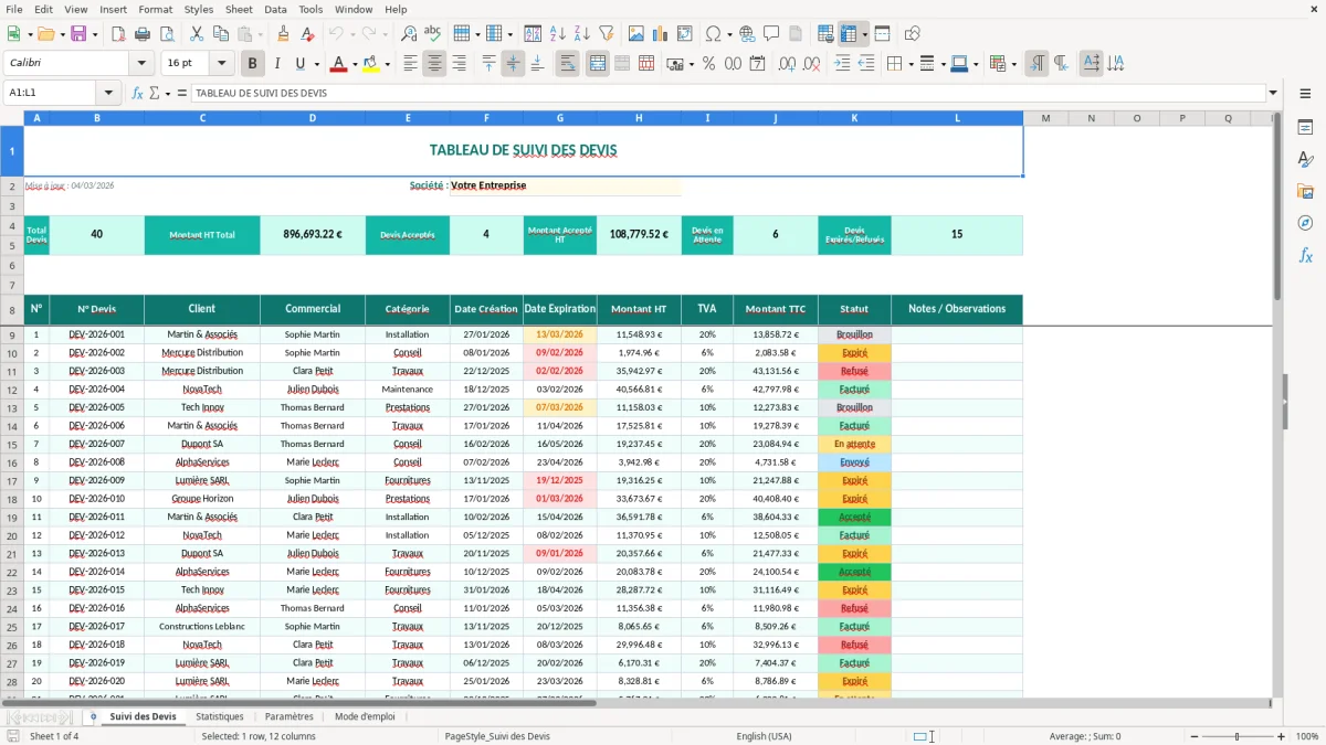 Capture d'écran 1 : Feuille Suivi des Devis - Modèle Excel tableau suivi devis excel
