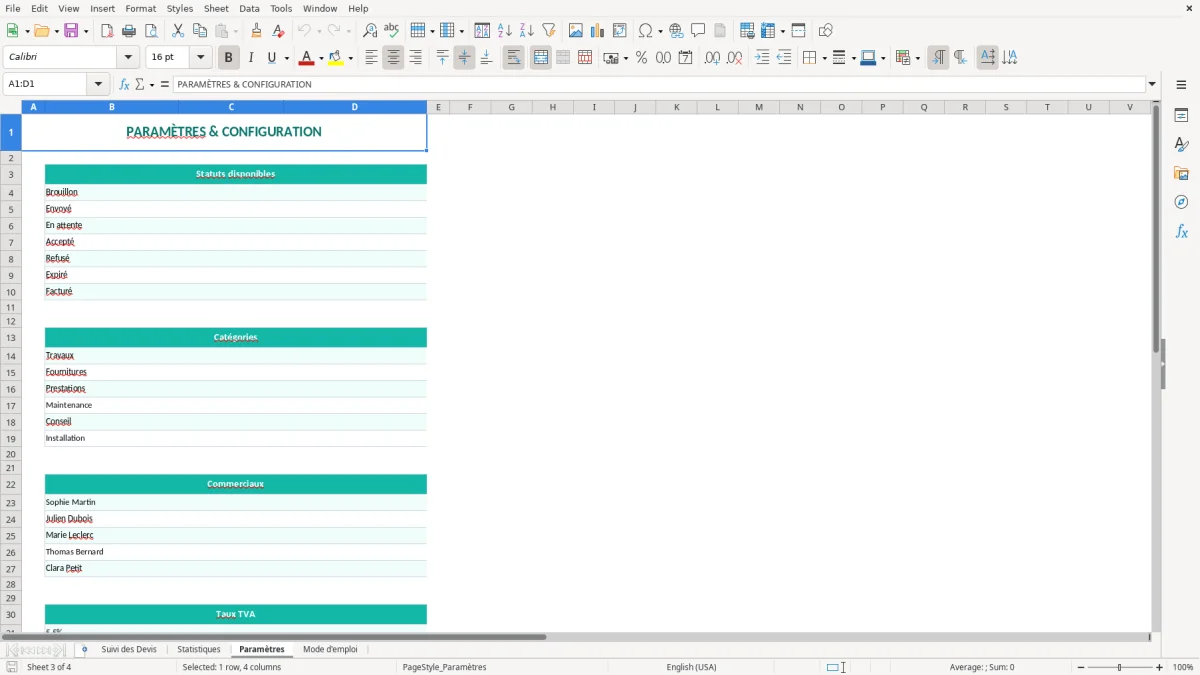 Capture d'écran 3 : Feuille Paramètres - Modèle Excel tableau suivi devis excel