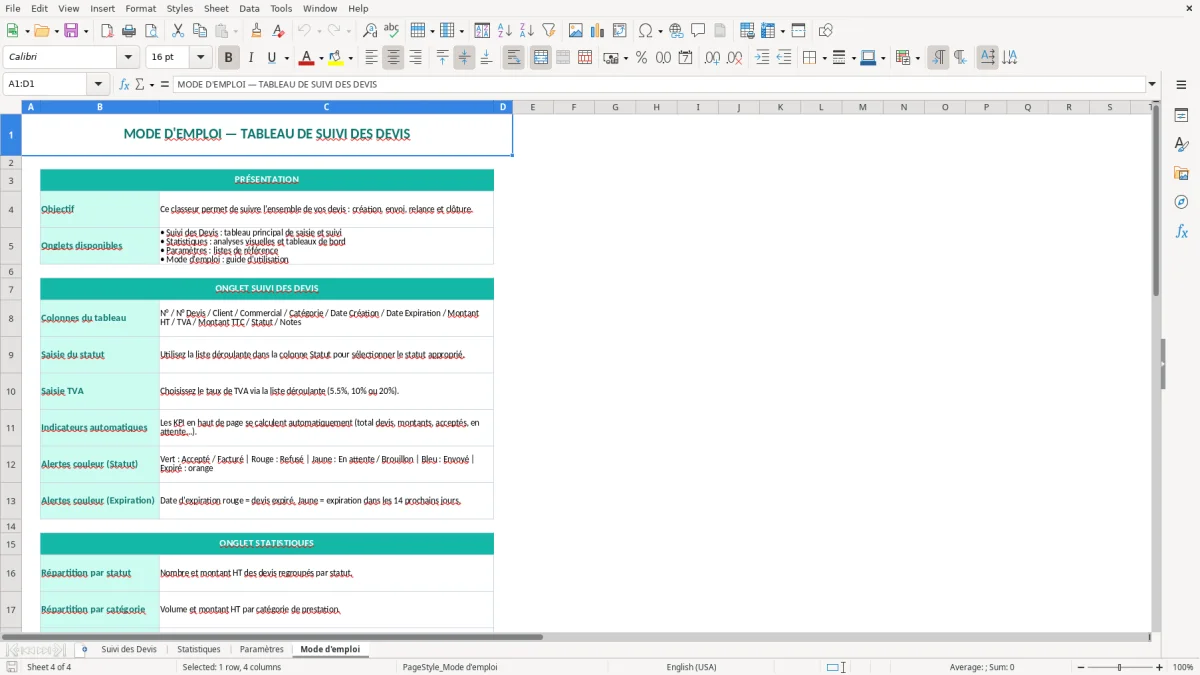 Capture d'écran 4 : Feuille Mode d'emploi - Modèle Excel tableau suivi devis excel