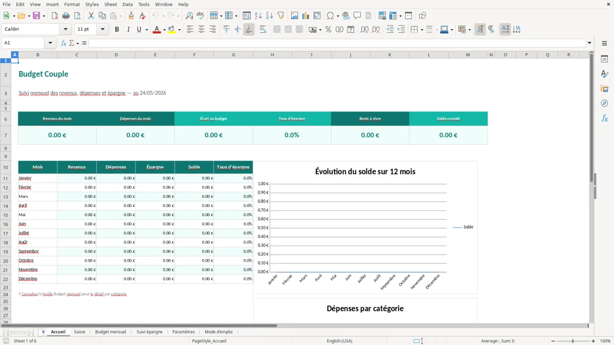 Capture d'écran 1 : Feuille Accueil - Modèle Excel budget couple excel