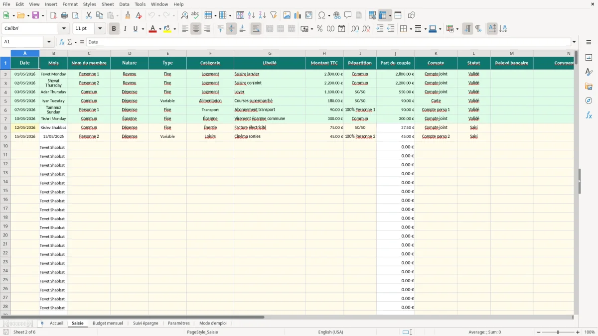 Capture d'écran 2 : Feuille Saisie - Modèle Excel budget couple excel