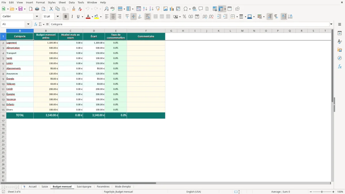 Capture d'écran 3 : Feuille Budget mensuel - Modèle Excel budget couple excel