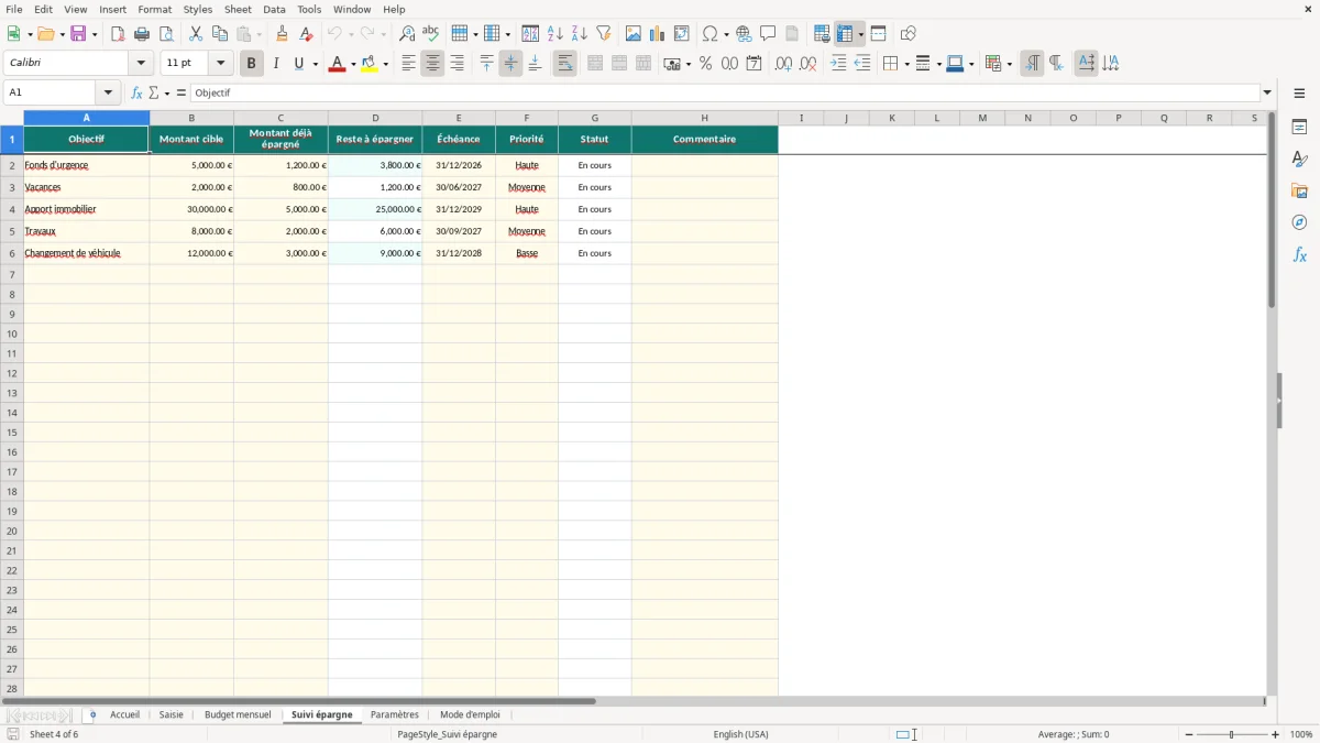 Capture d'écran 4 : Feuille Suivi épargne - Modèle Excel budget couple excel