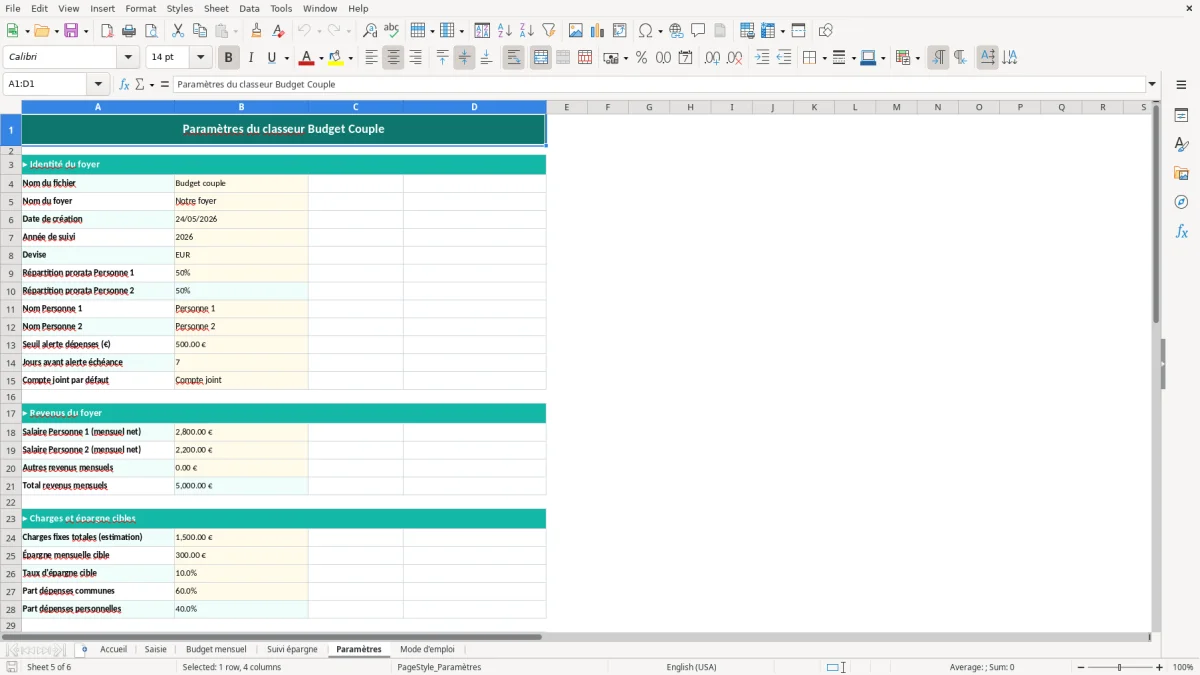 Capture d'écran 5 : Feuille Paramètres - Modèle Excel budget couple excel