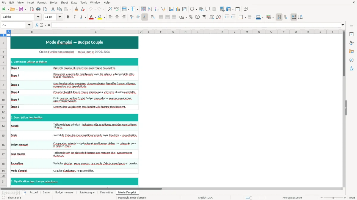 Capture d'écran 6 : Feuille Mode d'emploi - Modèle Excel budget couple excel