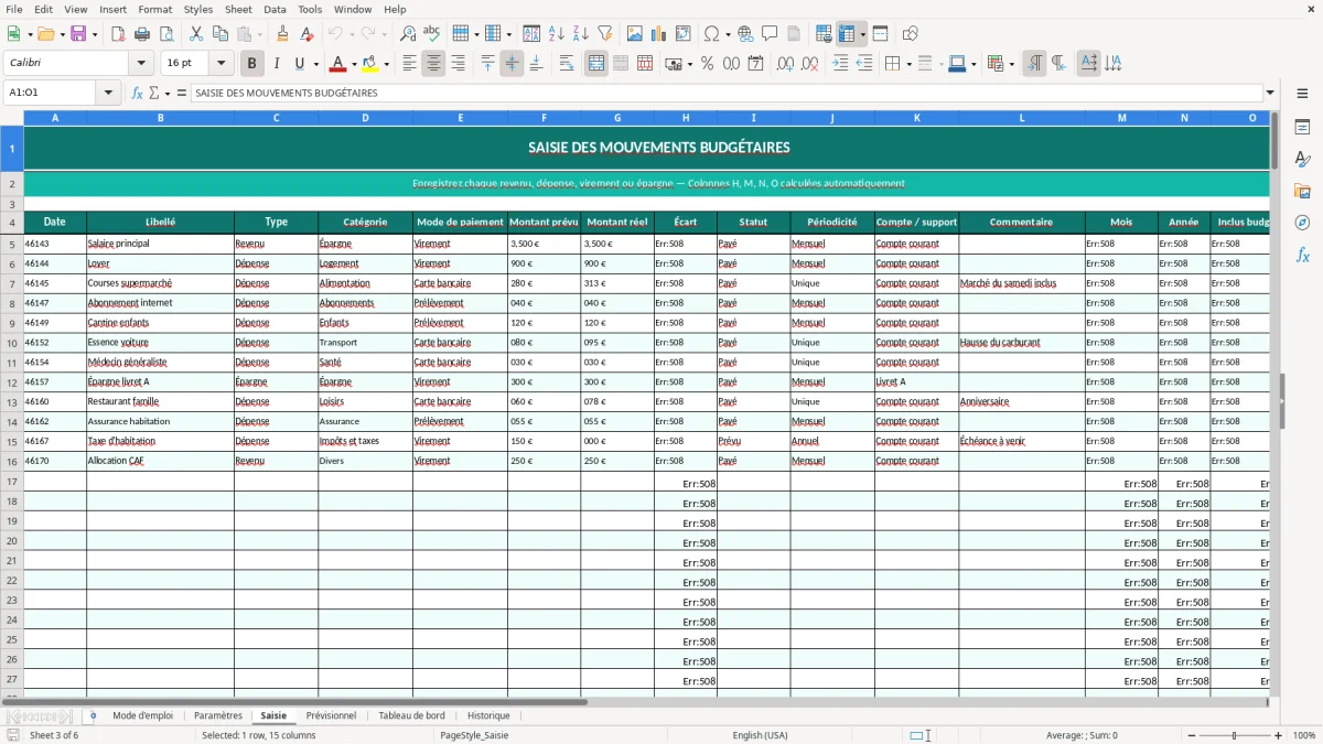 Capture d'écran 3 : Feuille Saisie - Modèle Excel budget familial excel
