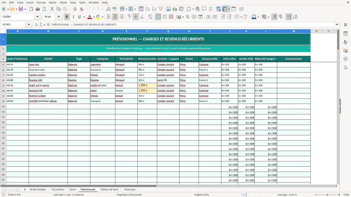 Capture d'écran 4 : Feuille Prévisionnel - Modèle Excel budget familial excel