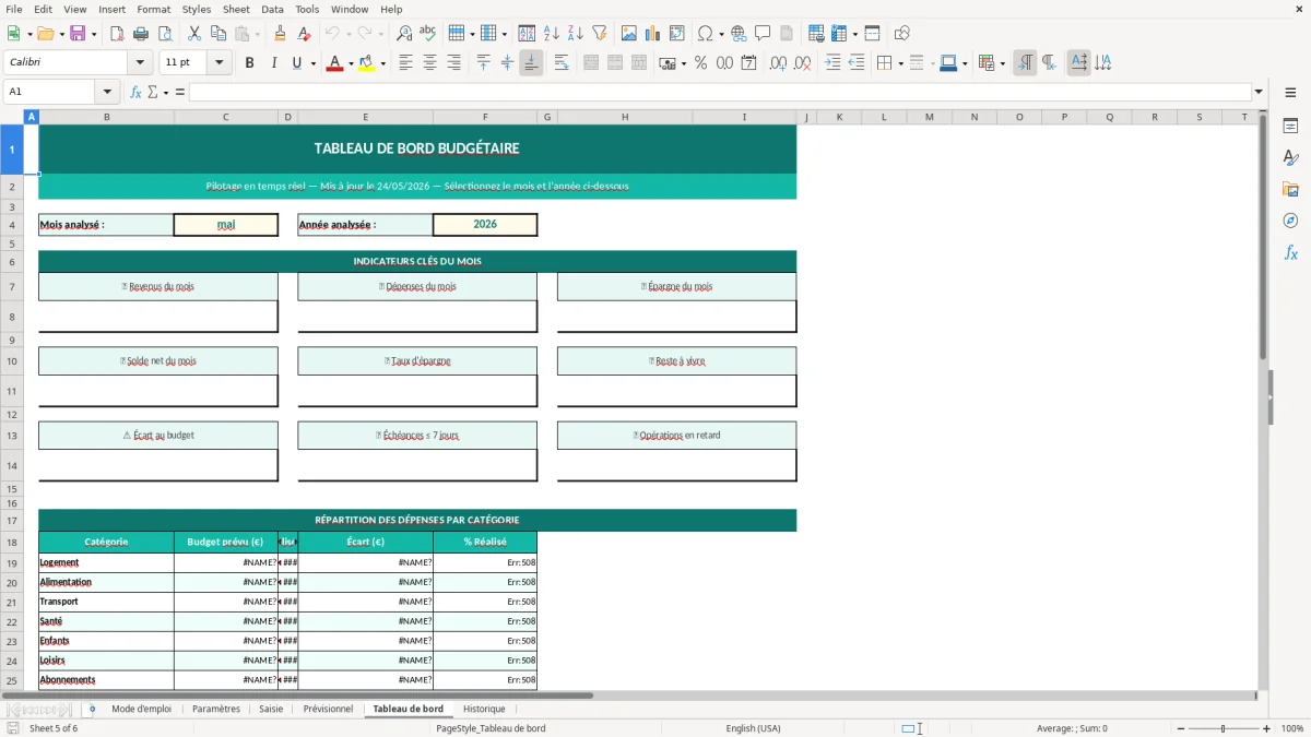 Capture d'écran 5 : Feuille Tableau de bord - Modèle Excel budget familial excel