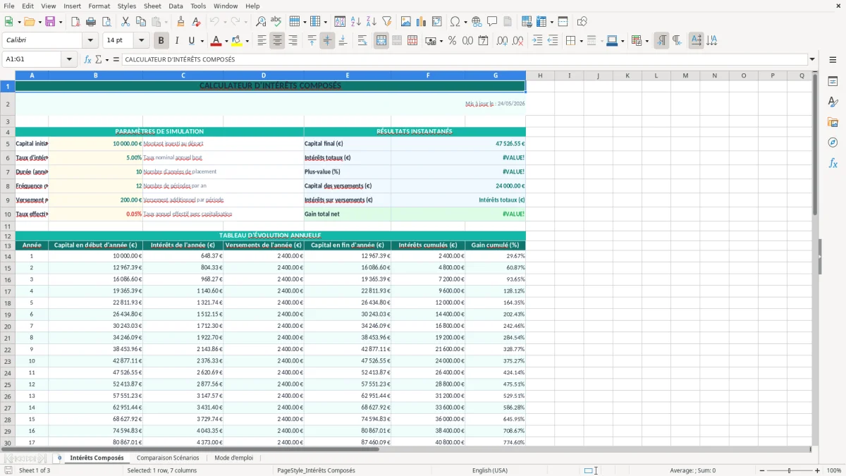 Capture d'écran 1 : Feuille Intérêts Composés - Modèle Excel calcul intérêts composés excel