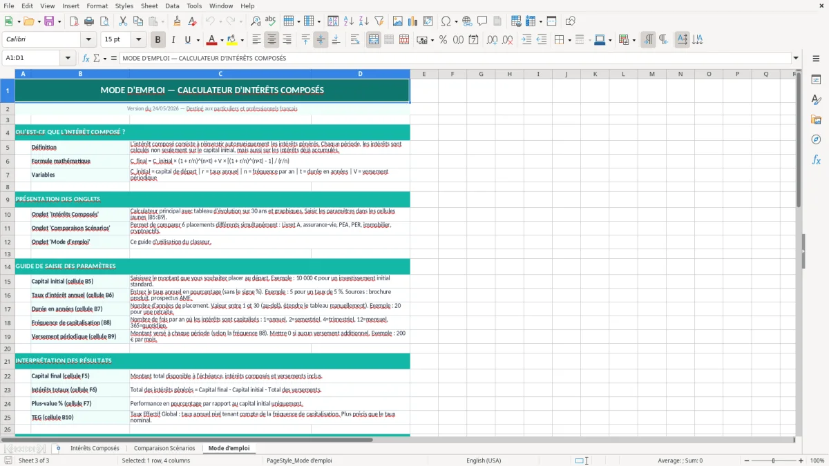 Capture d'écran 3 : Feuille Mode d'emploi - Modèle Excel calcul intérêts composés excel