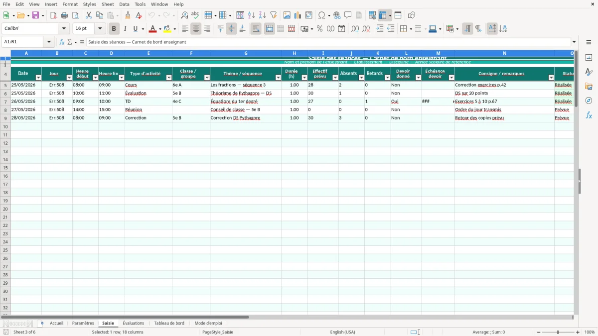 Capture d'écran 3 : Feuille Saisie - Modèle Excel carnet de bord enseignant excel