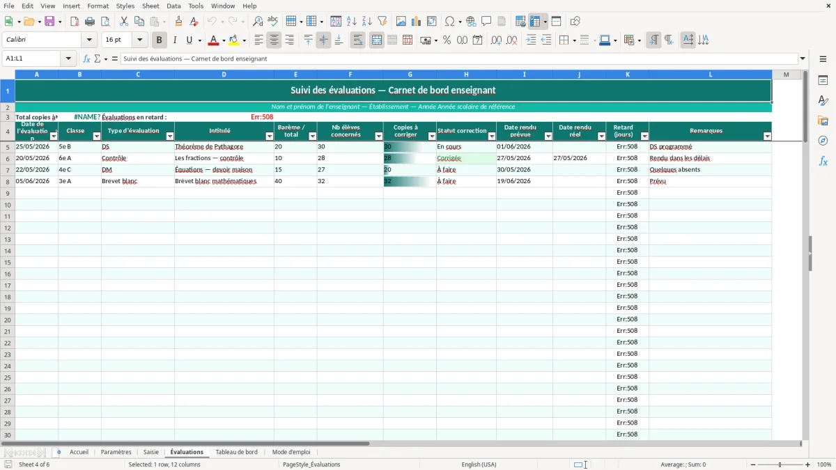 Capture d'écran 4 : Feuille Évaluations - Modèle Excel carnet de bord enseignant excel