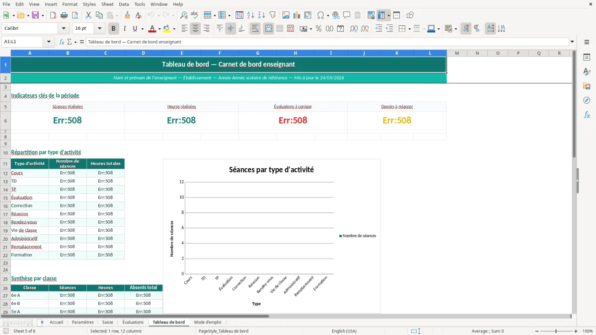 Capture d'écran 5 : Feuille Tableau de bord - Modèle Excel carnet de bord enseignant excel
