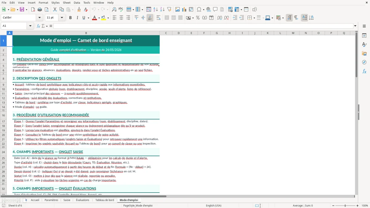 Capture d'écran 6 : Feuille Mode d'emploi - Modèle Excel carnet de bord enseignant excel