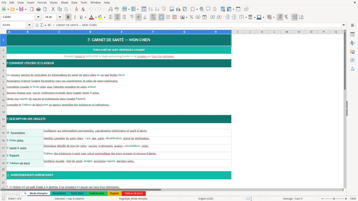 Capture d'écran 1 : Feuille Mode d'emploi - Modèle Excel carnet santé chien excel