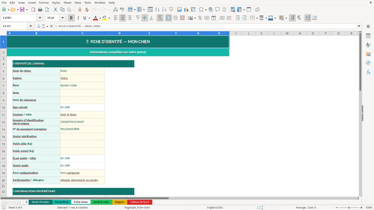Capture d'écran 3 : Feuille Fiche chien - Modèle Excel carnet santé chien excel