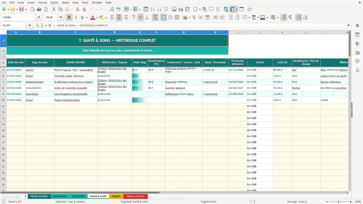 Capture d'écran 4 : Feuille Santé & soins - Modèle Excel carnet santé chien excel
