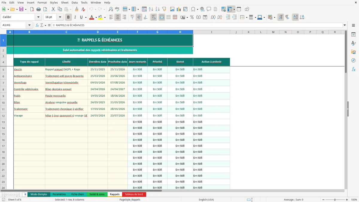 Capture d'écran 5 : Feuille Rappels - Modèle Excel carnet santé chien excel