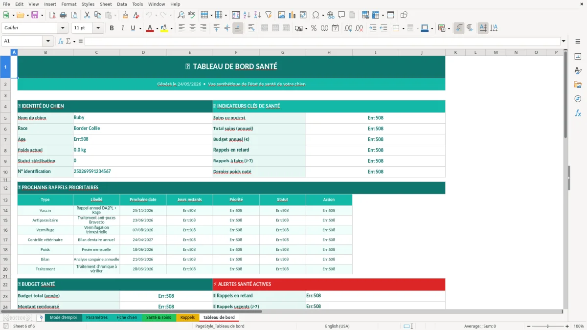 Capture d'écran 6 : Feuille Tableau de bord - Modèle Excel carnet santé chien excel