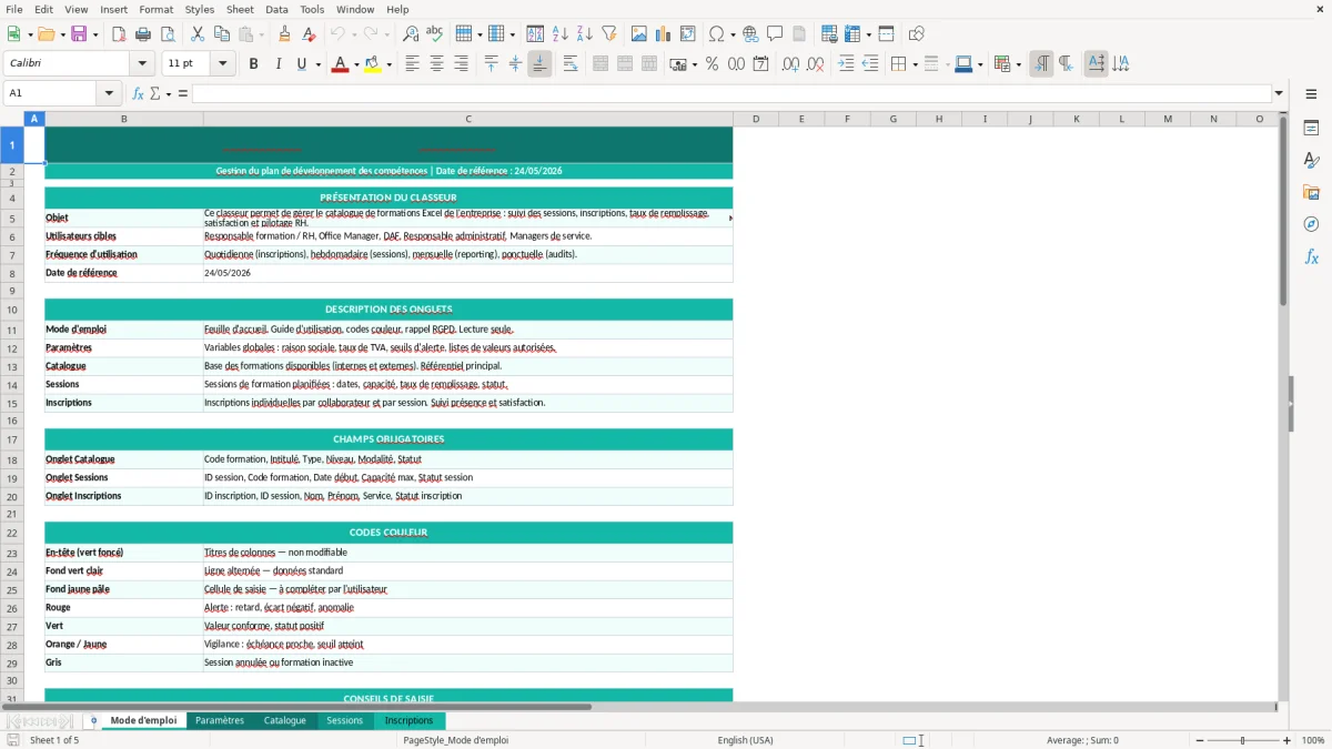 Capture d'écran 1 : Feuille Mode d'emploi - Modèle Excel catalogue formations entreprise excel
