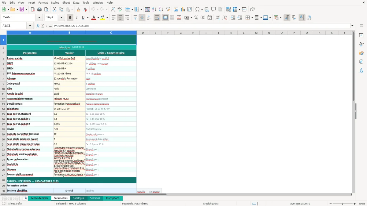 Capture d'écran 2 : Feuille Paramètres - Modèle Excel catalogue formations entreprise excel