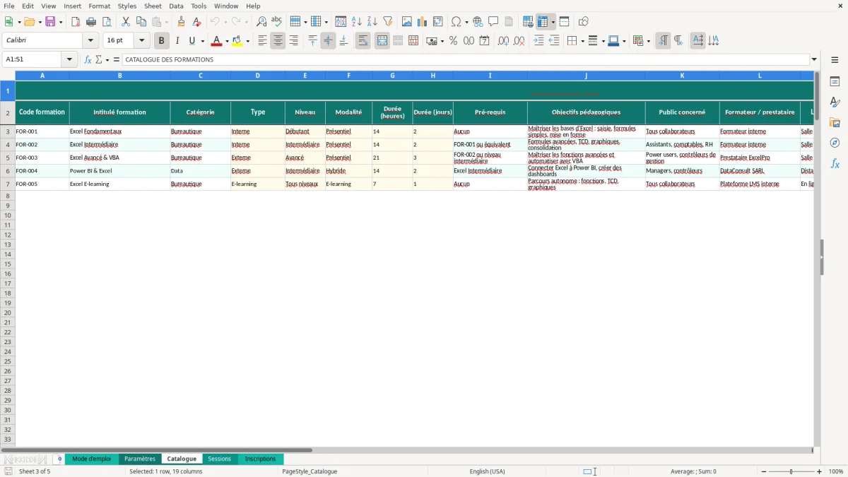 Capture d'écran 3 : Feuille Catalogue - Modèle Excel catalogue formations entreprise excel
