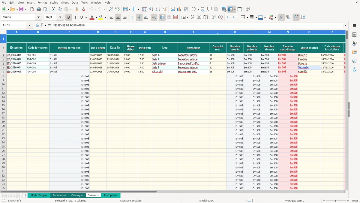 Capture d'écran 4 : Feuille Sessions - Modèle Excel catalogue formations entreprise excel