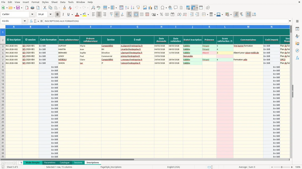 Capture d'écran 5 : Feuille Inscriptions - Modèle Excel catalogue formations entreprise excel