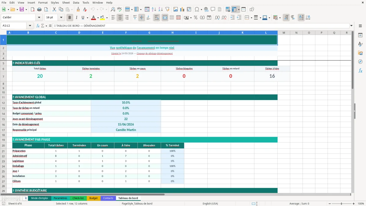 Capture d'écran 1 : Feuille Mode d'emploi - Modèle Excel check-list déménagement excel