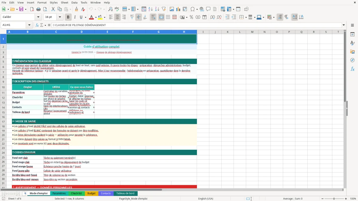 Capture d'écran 2 : Feuille Paramètres - Modèle Excel check-list déménagement excel