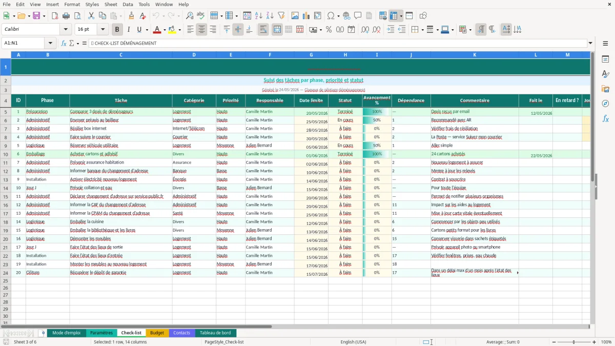 Capture d'écran 4 : Feuille Budget - Modèle Excel check-list déménagement excel