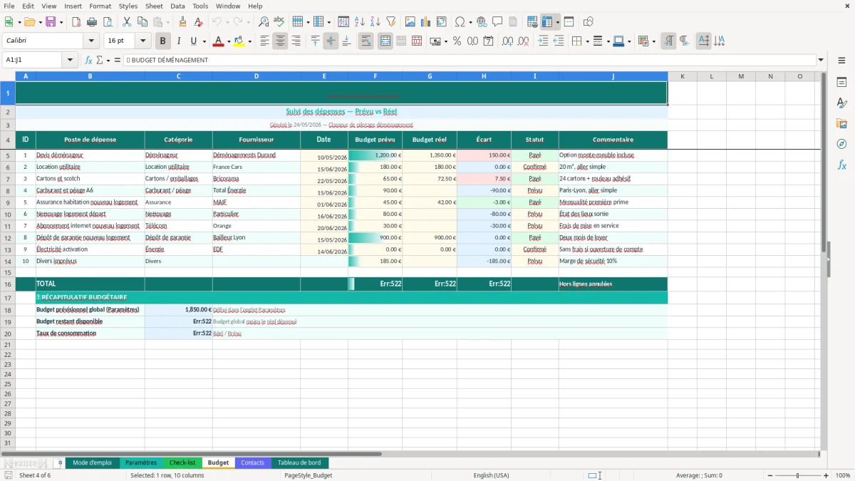 Capture d'écran 5 : Feuille Contacts - Modèle Excel check-list déménagement excel