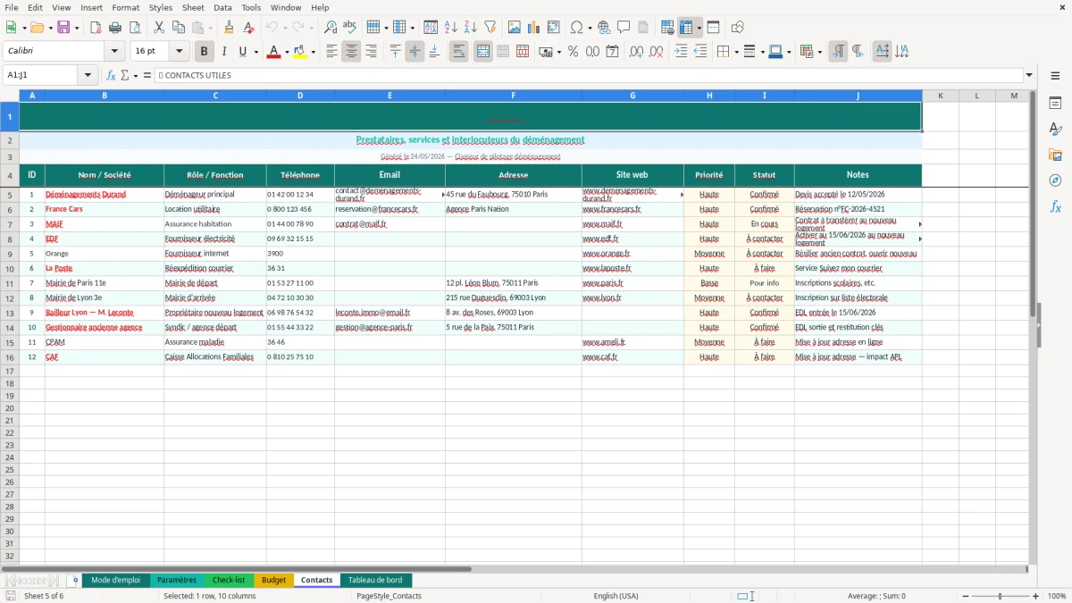 Capture d'écran 6 : Feuille Tableau de bord - Modèle Excel check-list déménagement excel