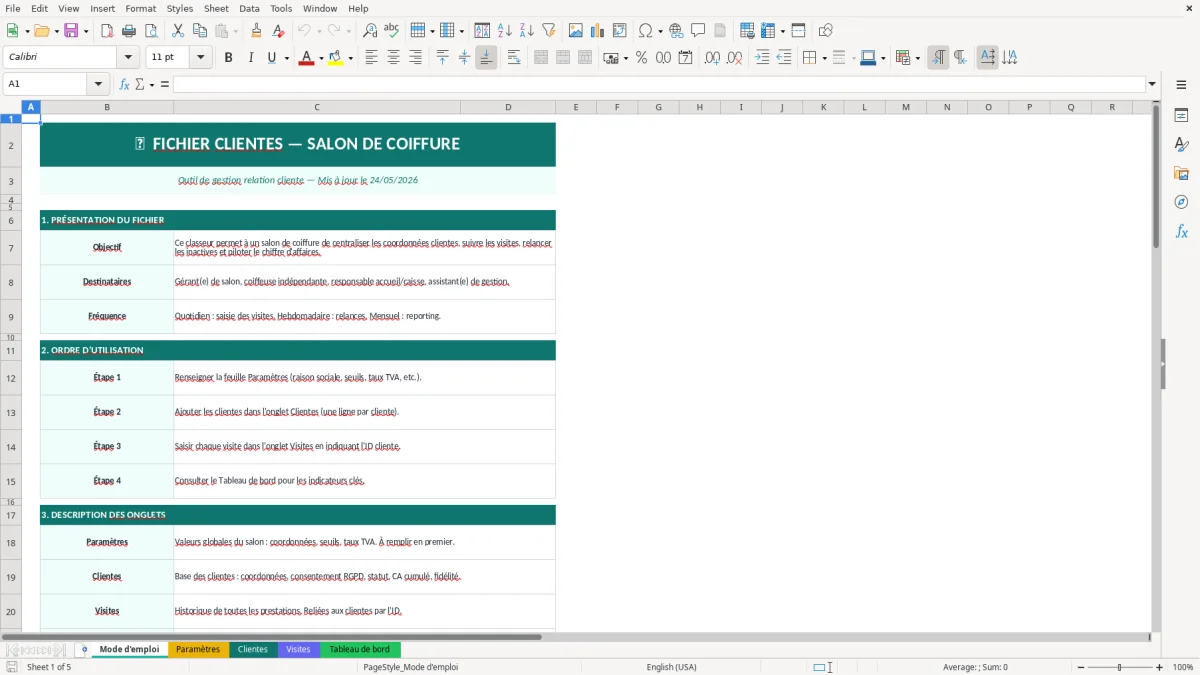 Capture d'écran 1 : Feuille Mode d'emploi - Modèle Excel fichier clientes coiffure excel