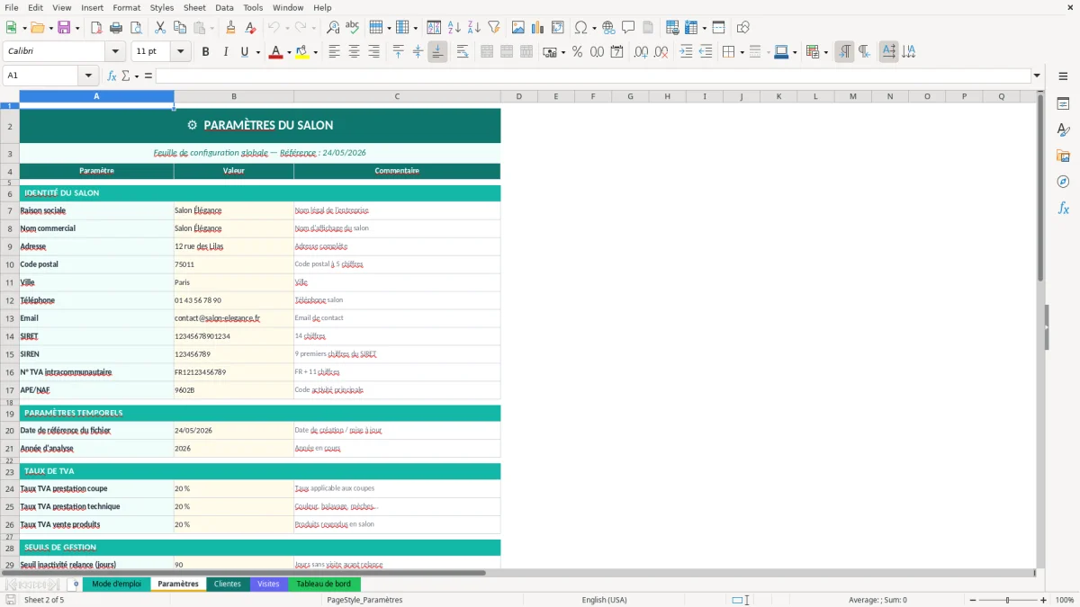 Capture d'écran 2 : Feuille Paramètres - Modèle Excel fichier clientes coiffure excel
