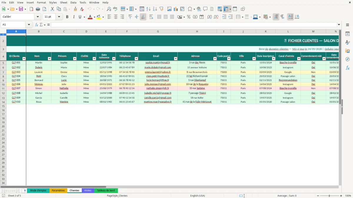 Capture d'écran 3 : Feuille Clientes - Modèle Excel fichier clientes coiffure excel