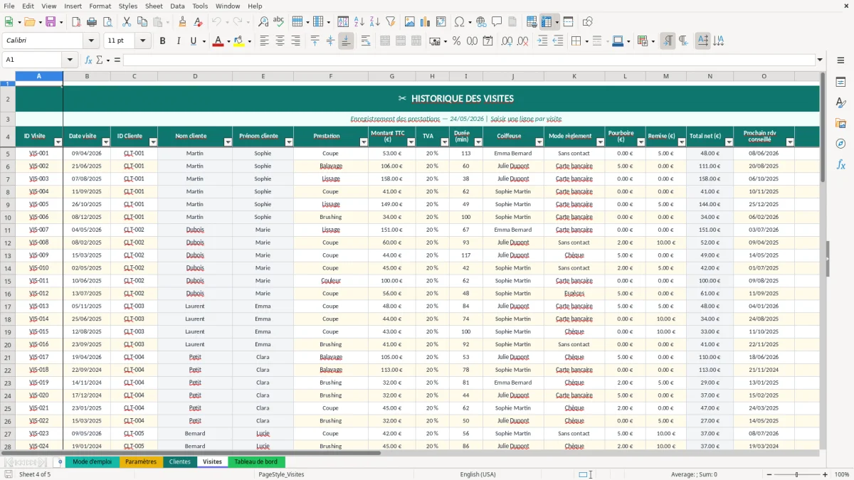 Capture d'écran 4 : Feuille Visites - Modèle Excel fichier clientes coiffure excel