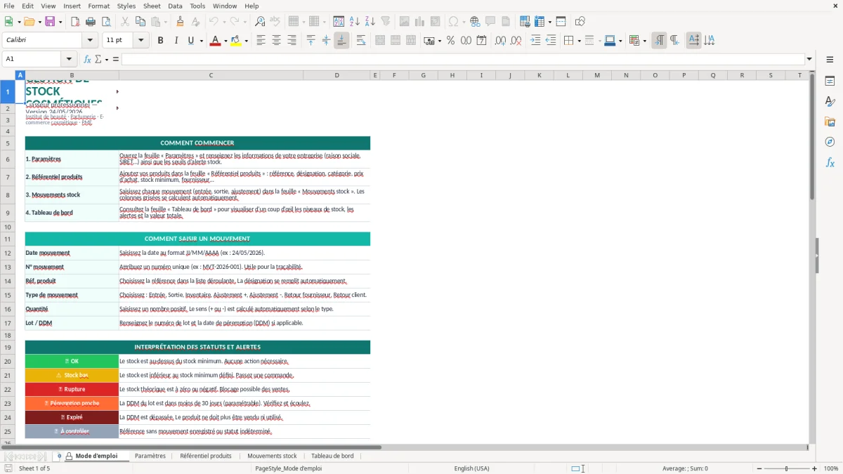 Capture d'écran 1 : Feuille Mode d'emploi - Modèle Excel gestion stock cosmétiques excel
