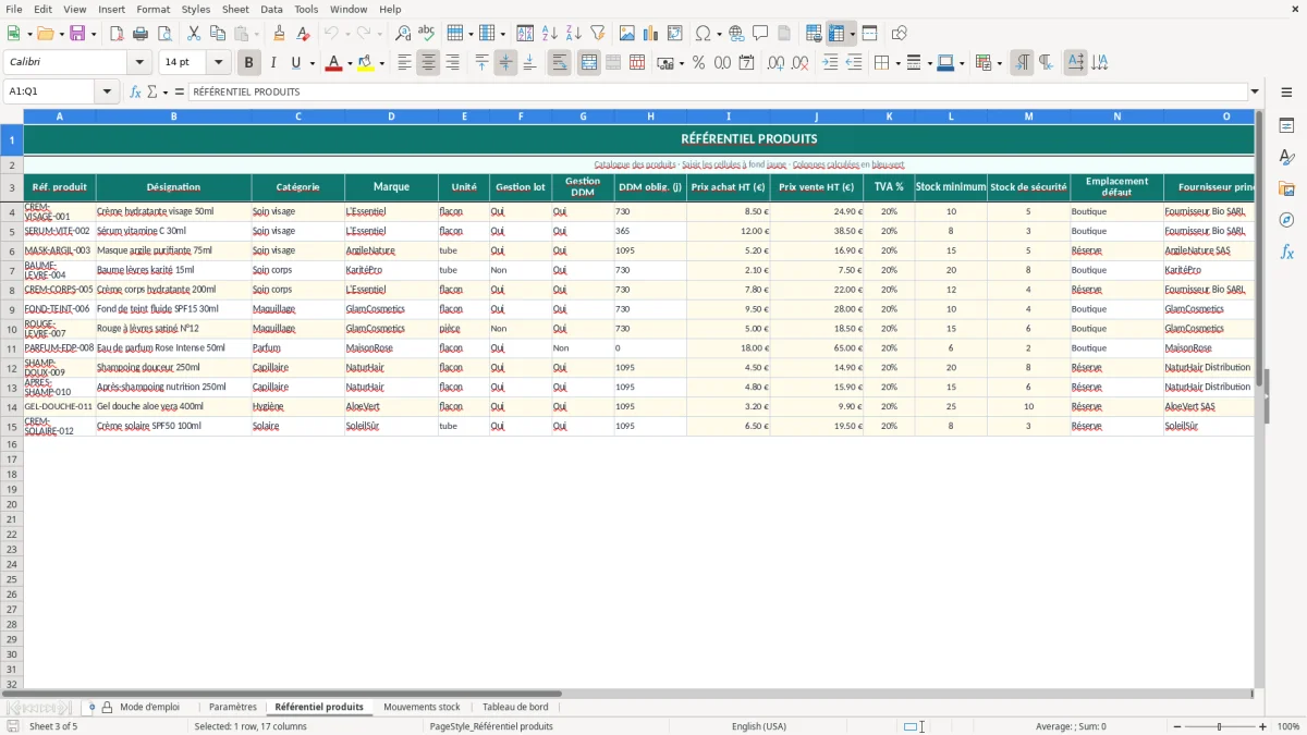 Capture d'écran 3 : Feuille Référentiel produits - Modèle Excel gestion stock cosmétiques excel
