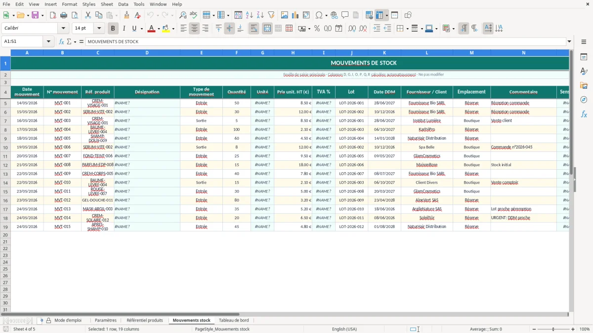 Capture d'écran 4 : Feuille Mouvements stock - Modèle Excel gestion stock cosmétiques excel