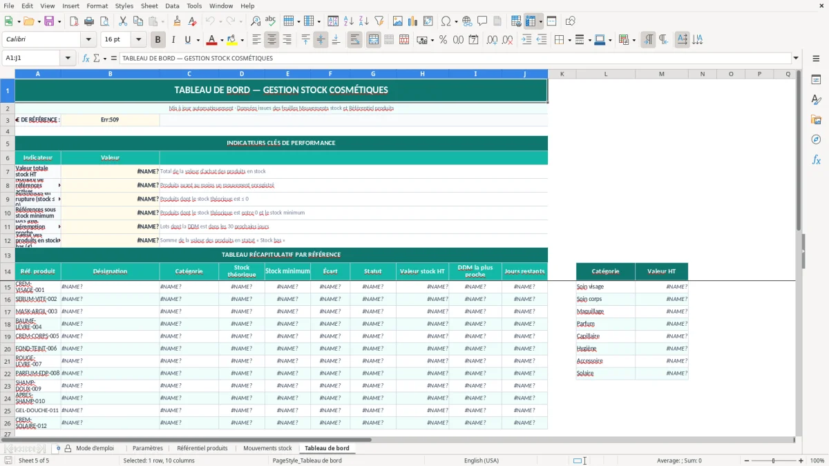 Capture d'écran 5 : Feuille Tableau de bord - Modèle Excel gestion stock cosmétiques excel
