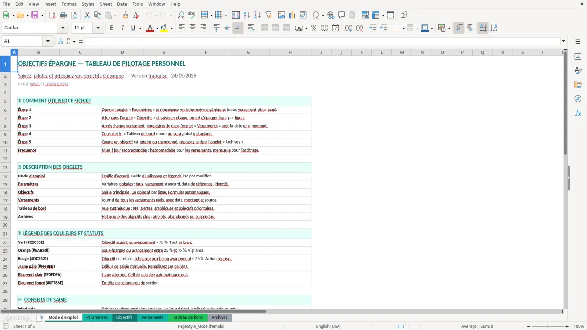 Capture d'écran 1 : Feuille Mode d'emploi - Modèle Excel objectifs épargne excel