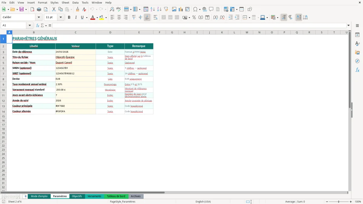 Capture d'écran 2 : Feuille Paramètres - Modèle Excel objectifs épargne excel
