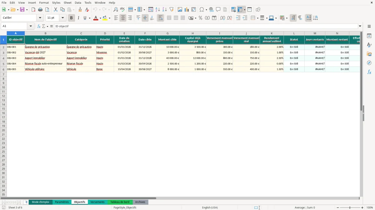 Capture d'écran 3 : Feuille Objectifs - Modèle Excel objectifs épargne excel